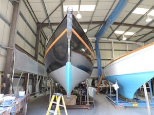 Soleil d'Or in the big shed at Mylor Yacht Harbour after being painted 2015