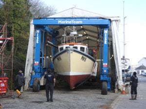 Tizzardlee-on emerging from the workshop after her refit at Mylor Yacht Harbour